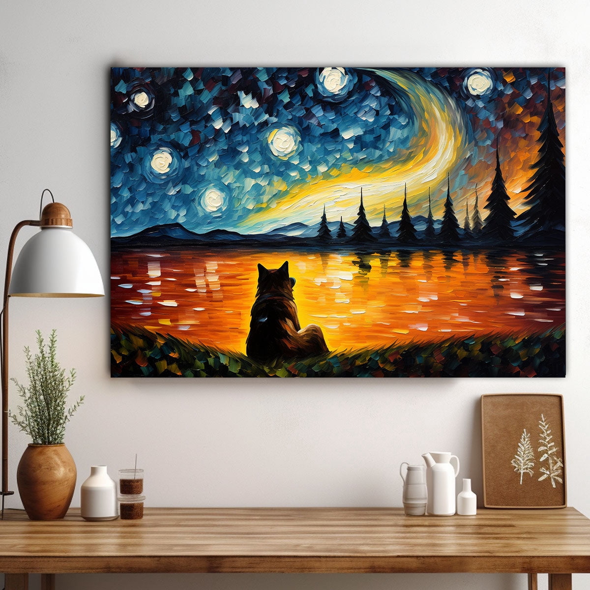 Akita Dog Watercolor Starry Night Van Gogh Painting Kits, Painting Watercolor Canvas, Canvas Suitable for Room Decor Cafe Decor Or Gift for Friends