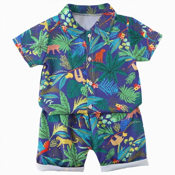 KPOPLK Toddler Boy Clothes 2PCS Little Kids Summer Outfits Set Short Sleeve Button Up Shirt Top Shorts for Boy's Clothing(12-18 Months,Dark Blue)