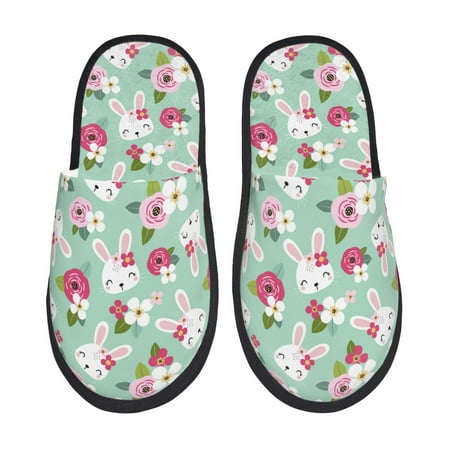 Balery Bunny And Rose Slient Indoor Furry Fleece Comfort House Shoes Soft Non-Slip Home Shoes Cotton slippers House Slippers-- Medium