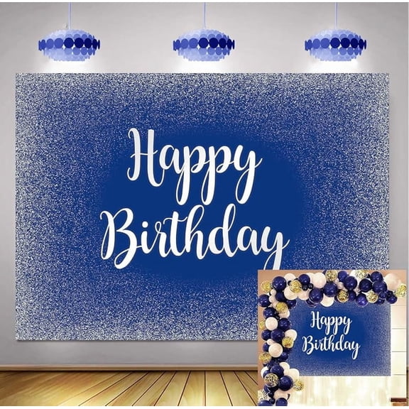 Blue Happy Birthday Backdrop Adults Mans Boys Bday Party Banner Silver Glitter Spots Photography Background Table Wall Decorations Photo Shoot Booth Studio Props