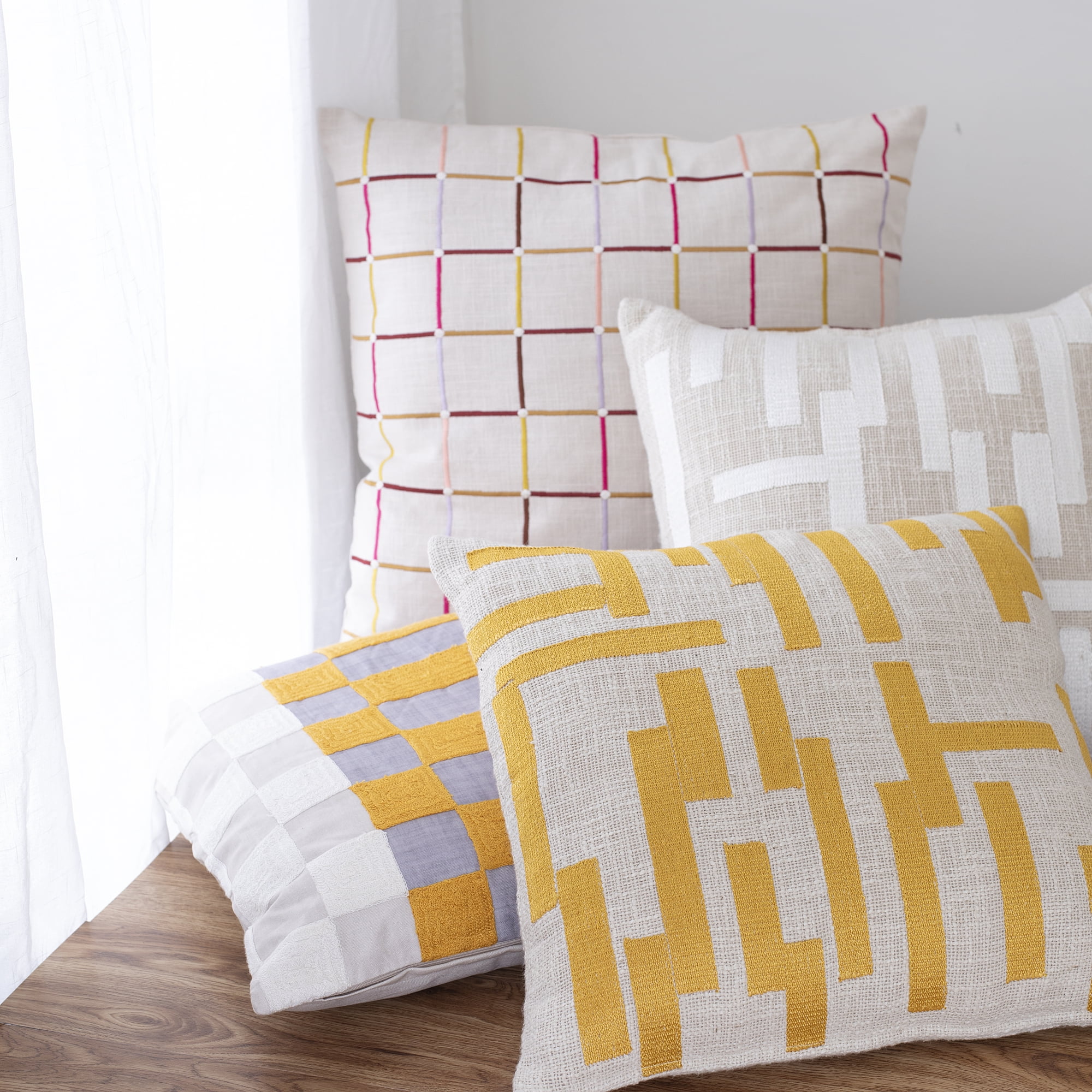 Ox Bay and Stacy Garcia 24" x 24" Ivory Checkered Embroidered Cotton Blend Adult Decorative Throw Pillow