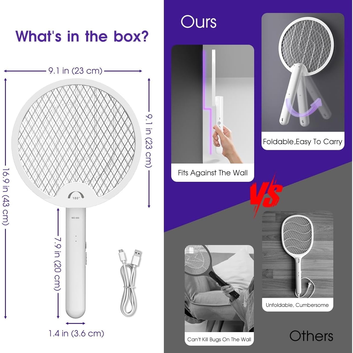 XZtimes 4000V Electric Fly Swatter USB Rechargeable Bug Zapper Racket with 1200mAh Battery