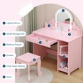 thumbnail image 2 of GloryStar Girls Vanity Table with Adjustable LED Mirror & Stool, Makeup Desk with Storage Drawer, Open Shelves & Wooden Makeup Playset, 2 of 7
