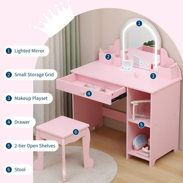 Yiwa Lighted Vanity Set for Kids, Girls Dressing Table and Stool with LED Mirror, Drawer & Storage Shelves for Ages 3-9