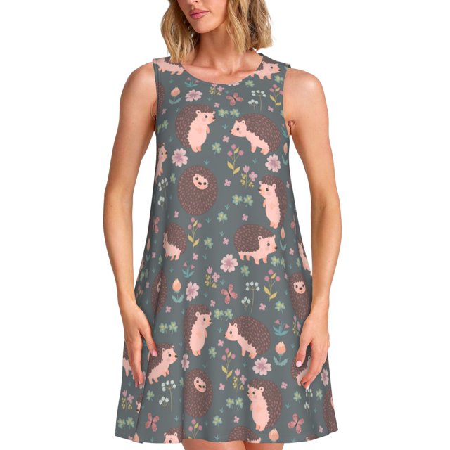 Easygdp Hedgehogs and Flowers1 para Vestido Transpirable de Mujer, Vestido Suelto de Manga Corta con Pliegues y Bolsillos para el Verano