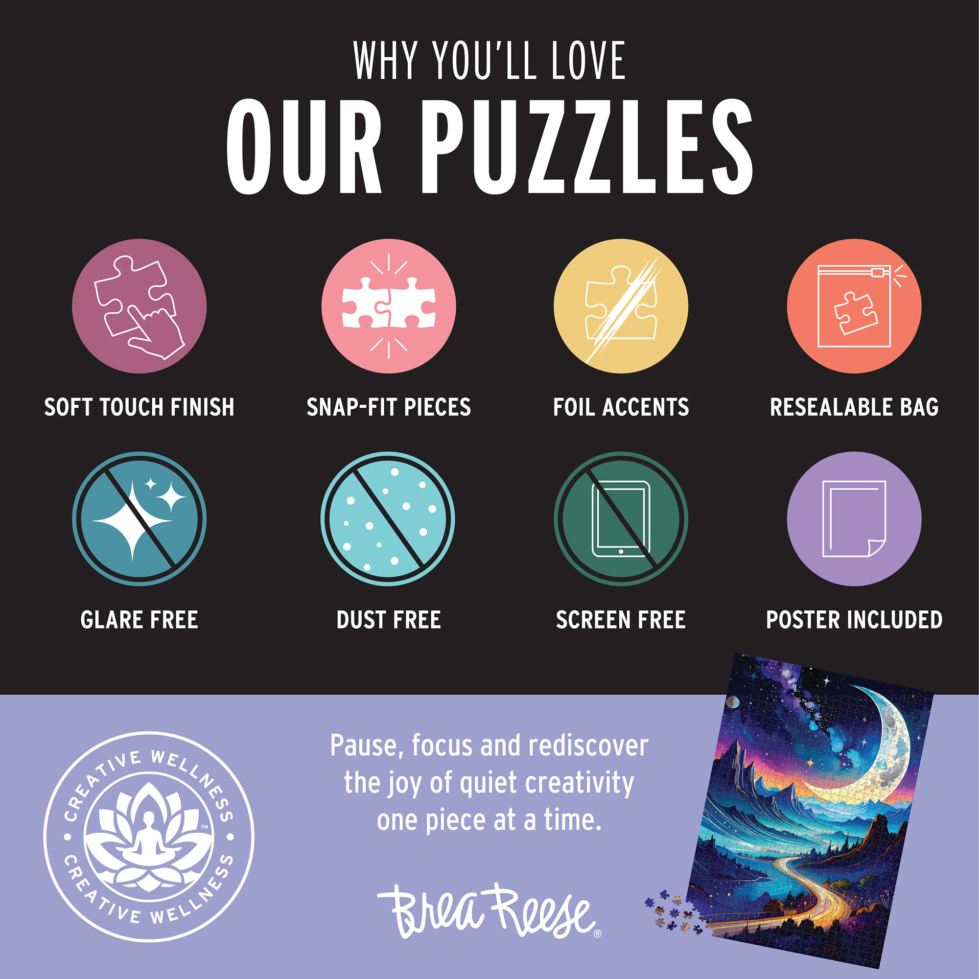 Brea Reese: 1000 Piece Puzzle - Cosmic Highway - Surreal Night Landscape Scene, Adult Jigsaw, Metallic Foil, Image Reference Poster, 19.25 x 26.75"