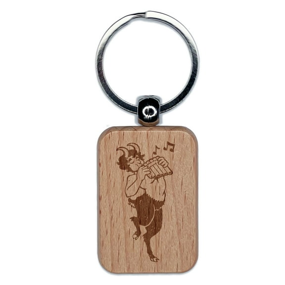 Faun Satyr Pan Flute Rectangle Keychain Charm Tag - Engraved Wood