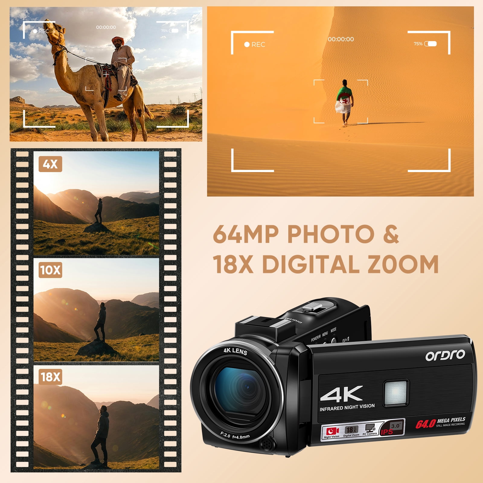 ORDRO 4K 30FPS Video Camera 64MP Camcorder with IR Night Vision 18X Digital Zoom for Vlog Youtube