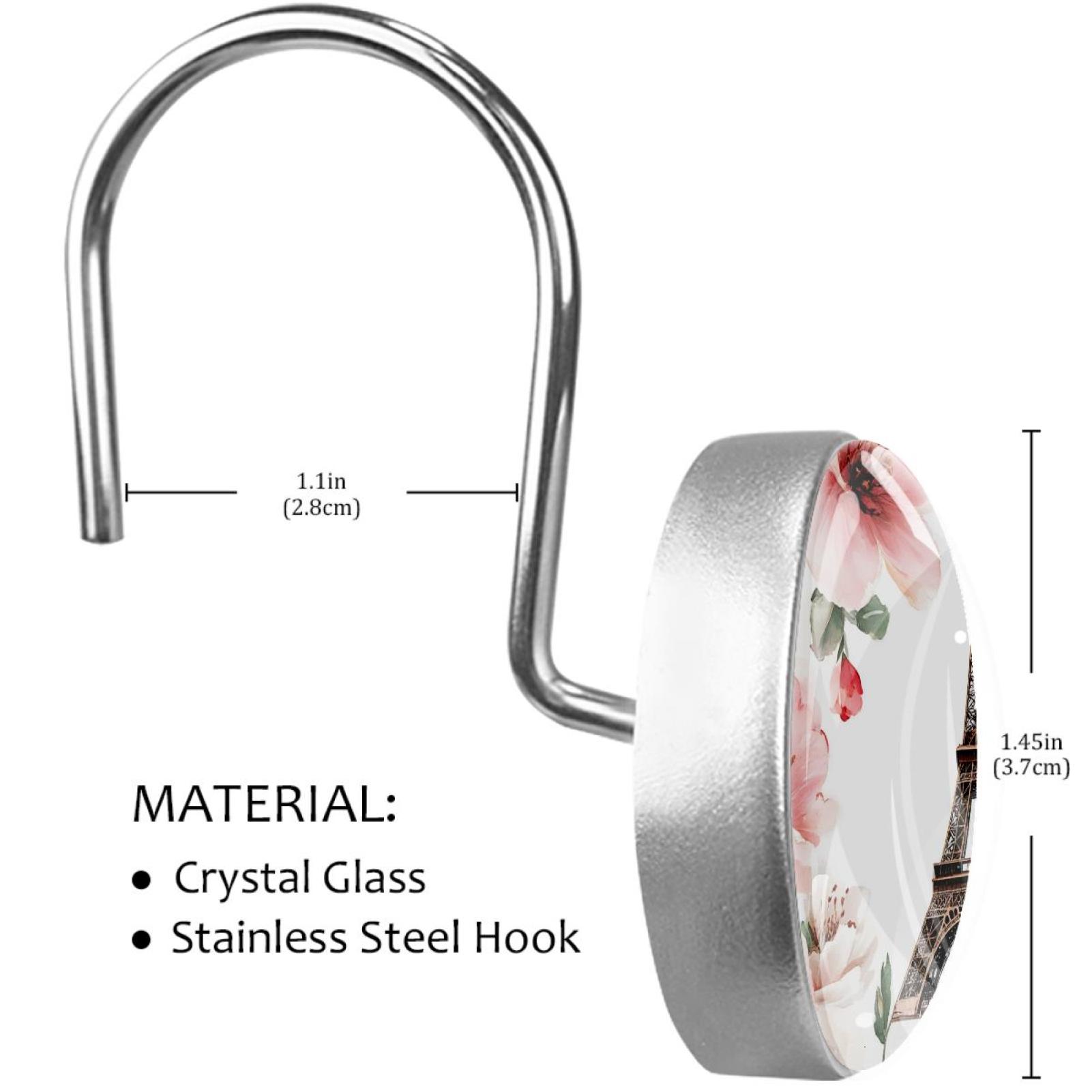 Blossom Pink Flowers Eiffel Tower Shower Curtain Hooks Round Crystal Glass, Set of 12 Shower Curtain Rings - Shower Hooks for Curtain Shower Rings