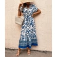 thumbnail image 5 of Women's Summer Dresses Short Sleeve Boho Maxi Dress Floral Print V Neck A Line Lace Elegant High Waist Vacation Sundress (Blue,Medium), 5 of 6