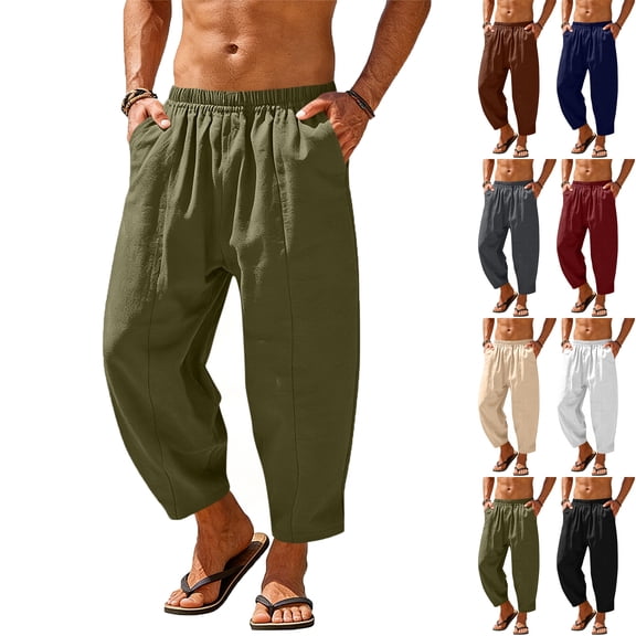 Lenago Pants for Mens Replica Linen Harem Capri Pants Lightweight Loose 3/4 Shorts Elastic Waist Solid Color Casual Beach Boho Trousers with Pockets