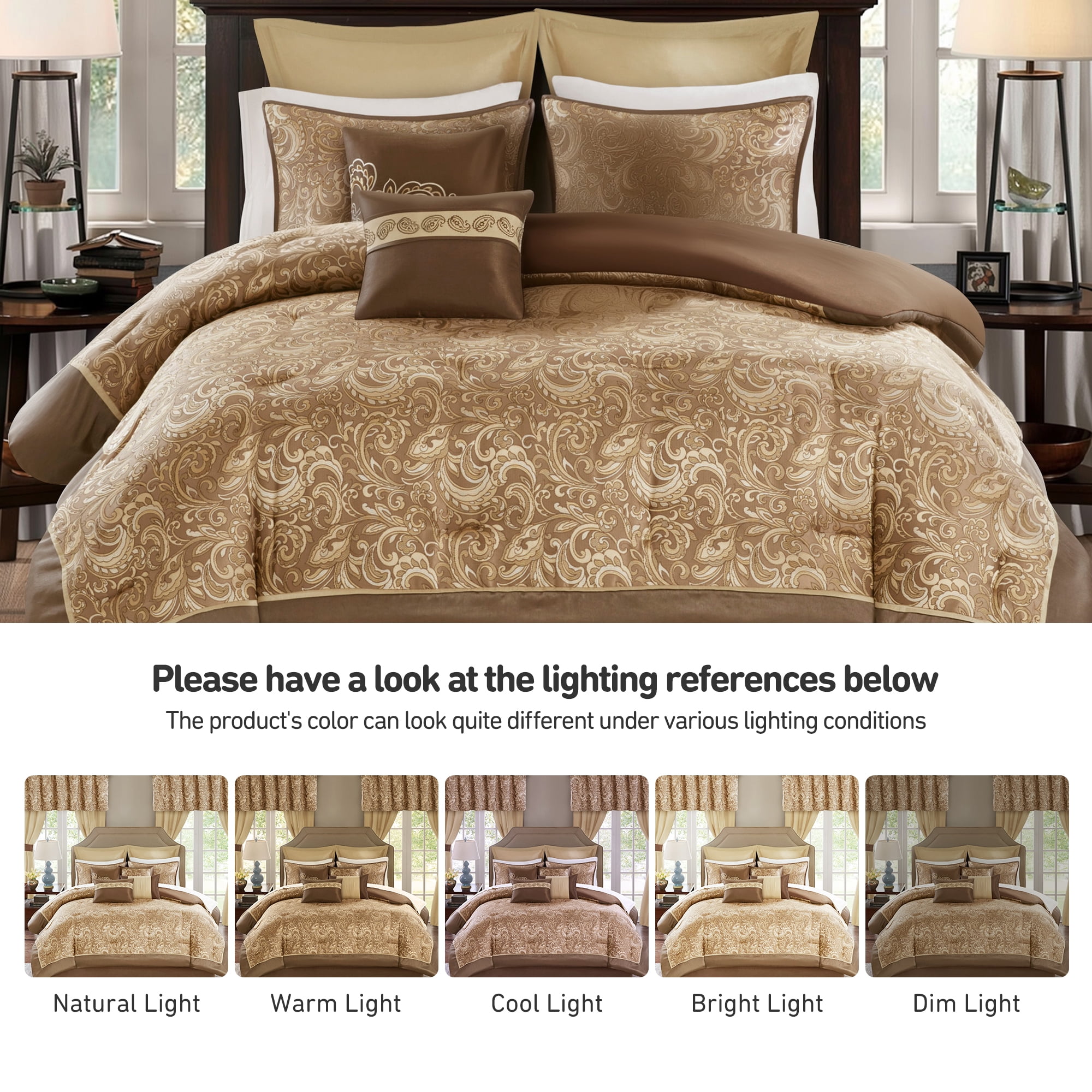 Regency Heights 8 Pieces Jacquard Comforter Set with Bedskirt and Decor Pillows, Cal King, Brown