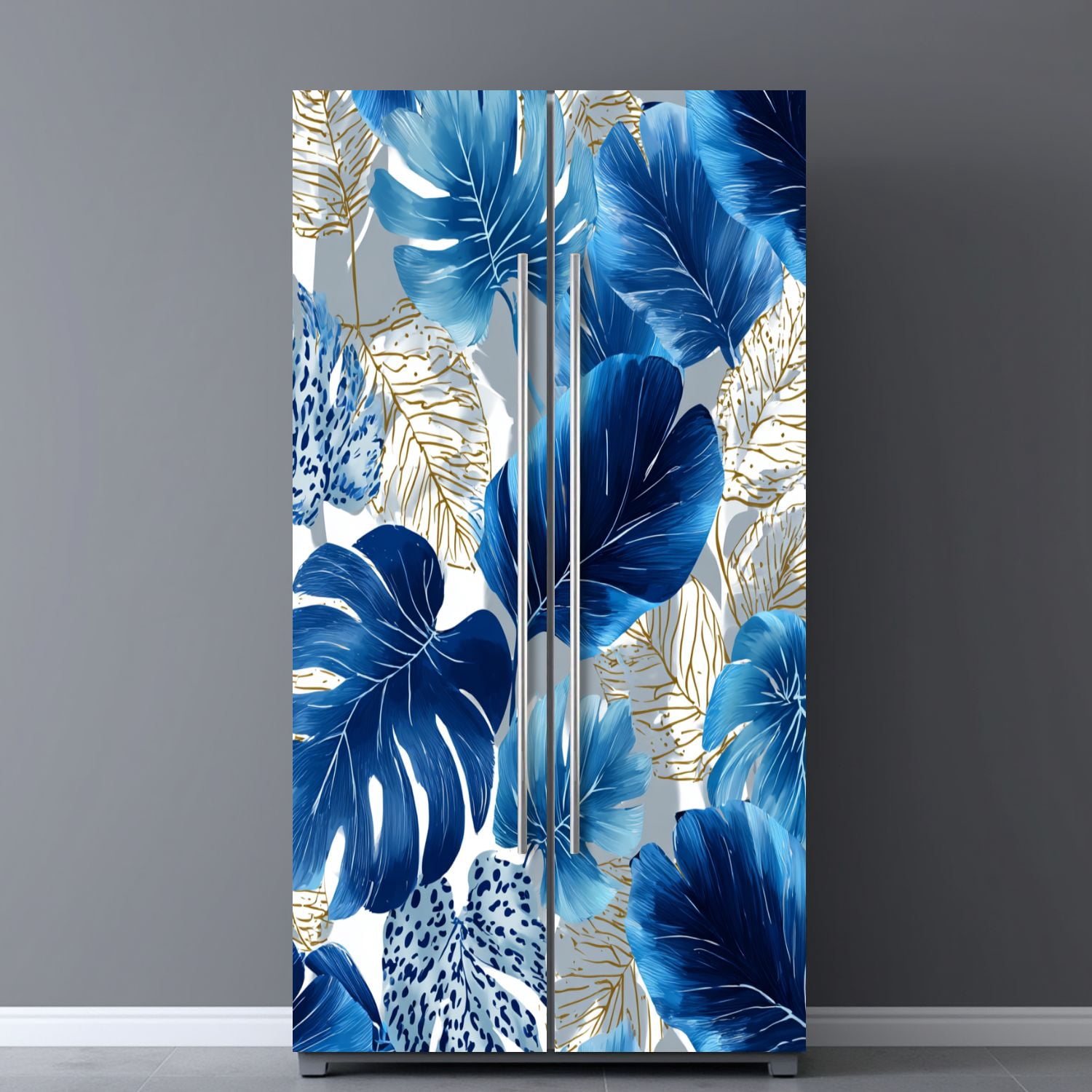 Self Adhesive Vinyl Refrigerator Wrap Set white tropical leaves gold elements blue leopard Door Mural Removable Fridge Sticker Peel and Stick&nbsp;Full Door Cover Decal Kitchen Bar Decor