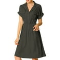 thumbnail image 3 of Allegra K Women's Notched Lapel V Neck Elastic Waist Shirt Dress with Pockets, 3 of 7