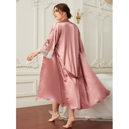 

Dusty Pink Elegant Women s Plus Eyelash Lace Panel Belted Satin Robe Cami Dress PJ Set 3XL(18) Y22001D