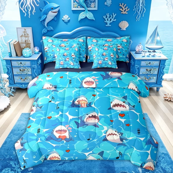 Feelyou Cartoon Shark Twin Bedding Sets for Boys Girls Kids, Ocean Cute Marine Wildlife Bedding Comforter Set, Blue, Blue Reversible, 7-Piece