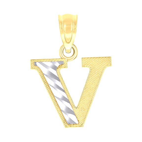 10k Two-tone Gold Unisex Diamond-cut Initial V Charm Pendant for Men Women