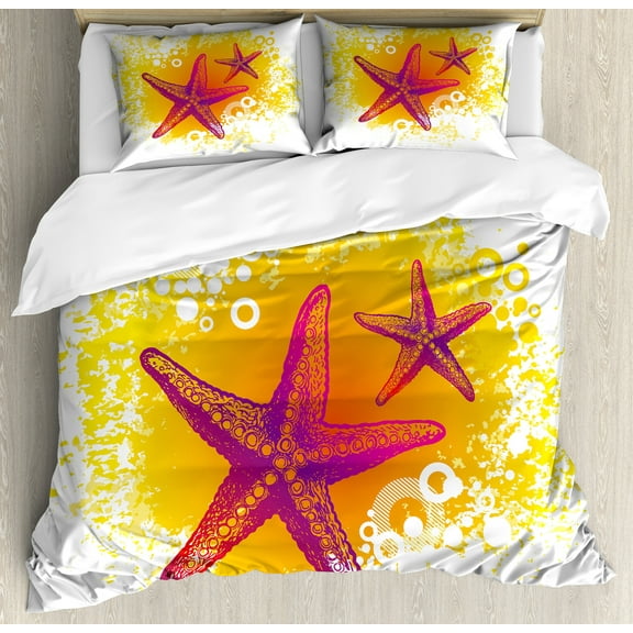 Starfish Duvet Cover Set, Vibrant Colored Tropic Animals and Bubbles Tranquil Scene, Decorative 3 Piece Bedding Set with 2 Pillow Shams, Queen Size, Fuchsia Hot Pink Yellow, by Ambesonne
