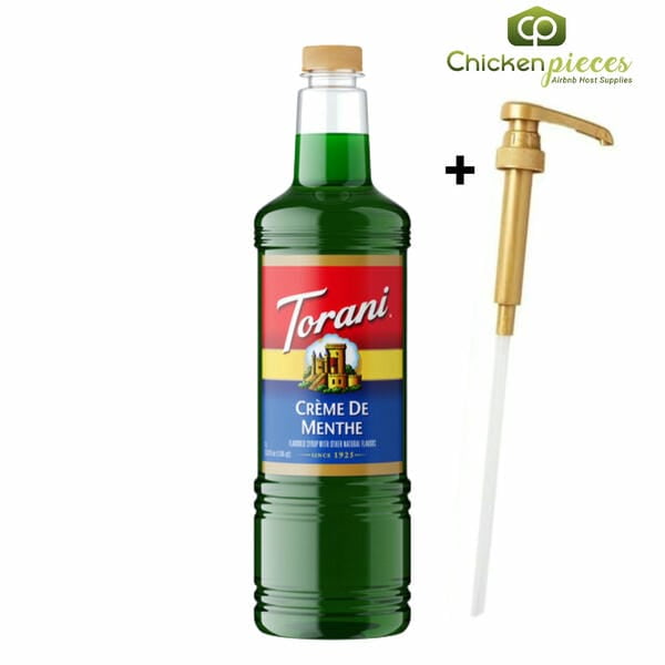 Torani Crème de Menthe Flavoring Syrup, Professional Emerald Mint Base, Shatter-Resistant 1L Plastic Bottle + Bonus Squeeze Pump