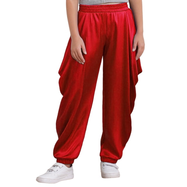 Rswnyirn Pantalons Harem en Satin pour Garçons Enfants Pantalons de Danse Hippie Dhoti Inde Pantalons Amples Drapés Rouges 16