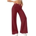 thumbnail image 6 of Women Solid Elastic High Waist Flare Pants with Side Pockets, Loose Daily Casual Full Length Trousers Wine L(L), 6 of 8