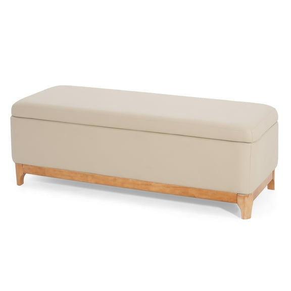 Christopher Knight Home PU Upholstered Storage Ottoman Bench with Solid Wood Legs, Beige