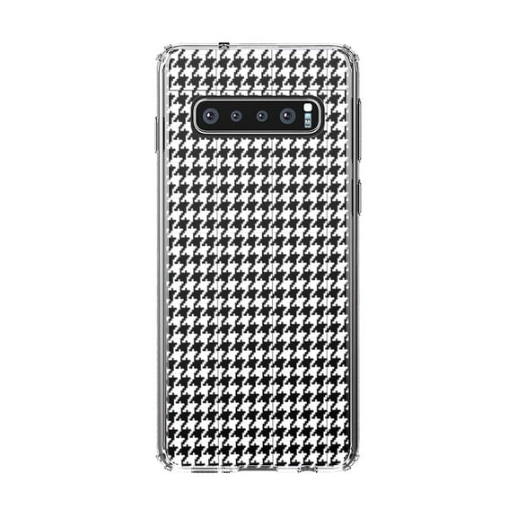 DistinctInk Clear Shockproof Hybrid Case for Samsung Galaxy S10 (6.1" Screen) - TPU Bumper, Acrylic Back, Tempered Glass Screen Protector - White Houndstooth