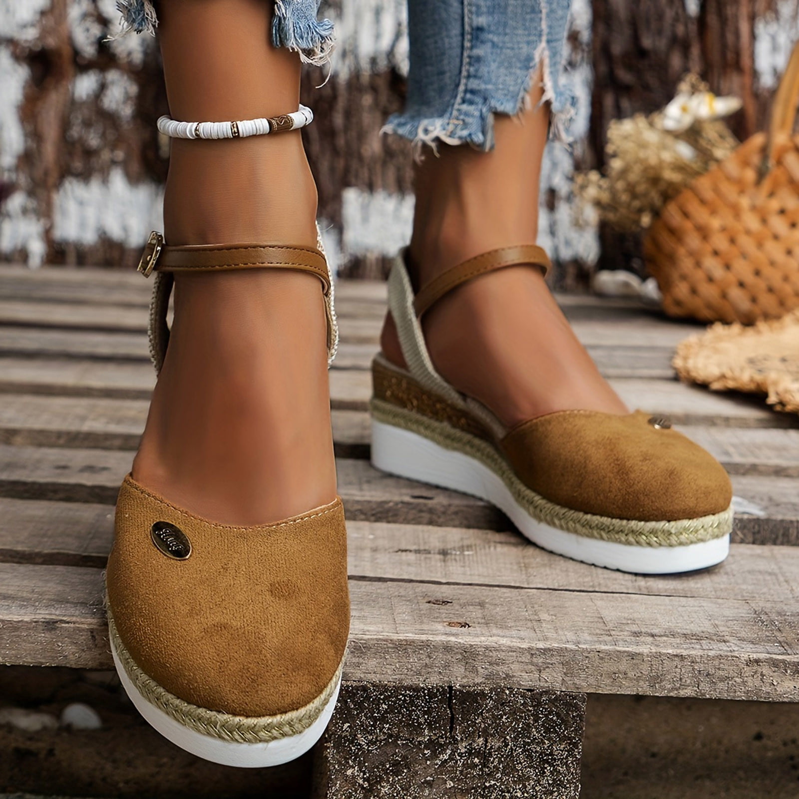 Cethrio Wedge Sandals for Women Casual Summer Closed Toe Espadrilles  Patchwork Lightweight Brown Sandals Shoes Size 43 - Walmart.com