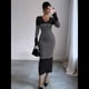 thumbnail image 5 of Vestido de Suéter A Rayas con Cuello en V para Mujer, Larga, Ajustado, Midi. Negro L, 5 of 7