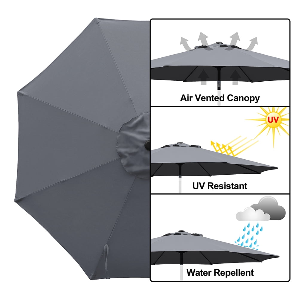 Kool Outdoor 9ft Patio Umbrella with Crank Handle and Push Button Tilt, Outdoor Market Umbrella with 8 Ribs - Dark Gray