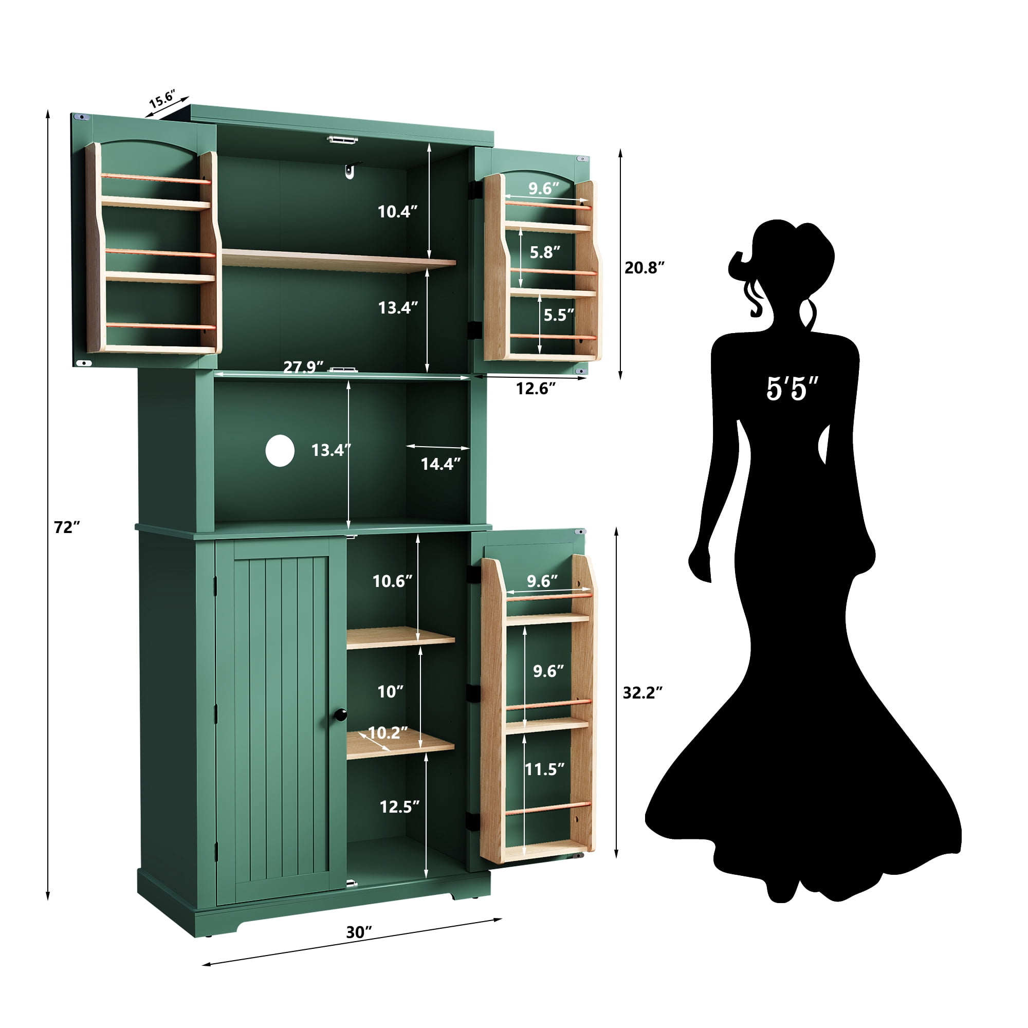 HLR 72" Kitchen Pantry Cabinet, Freestanding Pantry Storage Cabinet with Hutch & Shelves, Green
