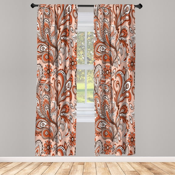 Ambesonne Paisley Curtains, Ethnic Boho Flowers Leaves, Pair of 28"x84", Orange Peach Brown