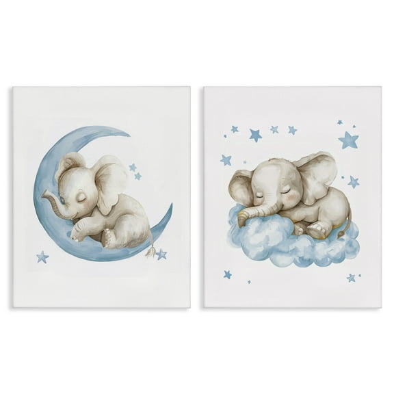 Stupell Industries Blue Sleepy Elephant Animals Painting Wrapped Canvas Art Print Wall Art, 16 x 20, Set of 2