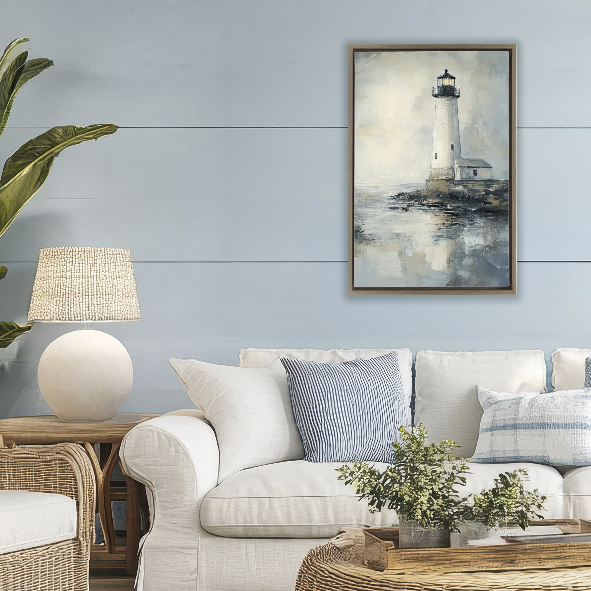 Stupell Industries Moody Lighthouse Reflecting Brown Framed Floater Canvas Wall Art, design by Petal Prints Design