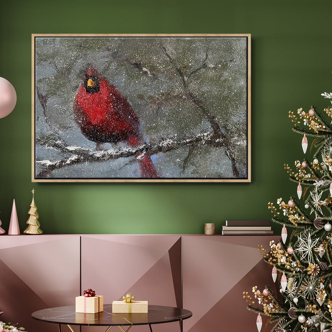 Cardinal in Snow I - Framed Gallery Wrapped Holiday Canvas - 25 x 37 - Natural Wood Frame
