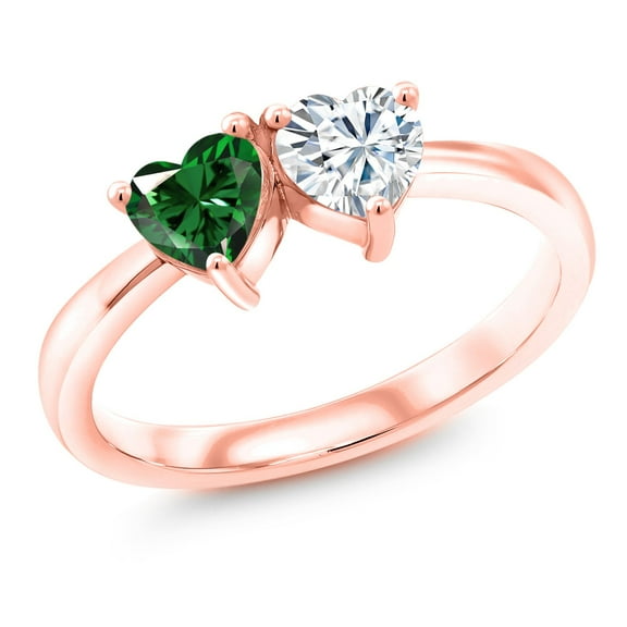 Gem Stone King 18K Rose Gold Plated Silver Fashion Right-Hand Ring Heart Shape Green Nano Emerald and Moissanite (0.92 Cttw, Size 8)