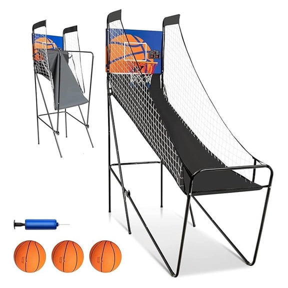 Electronic Basketball Game, Single Basketball Shootout with LED Scoreboard, 3 Basketballs & Pump, Easy Folding for Storage, Indoor Basketball Arcade Game for Teens Adults