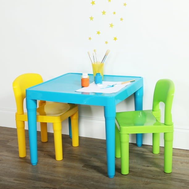 Humble Crew Aqua Table Green Yellow Kids Lightweight Plastic Table and 2 Chairs Set Square Toddler
