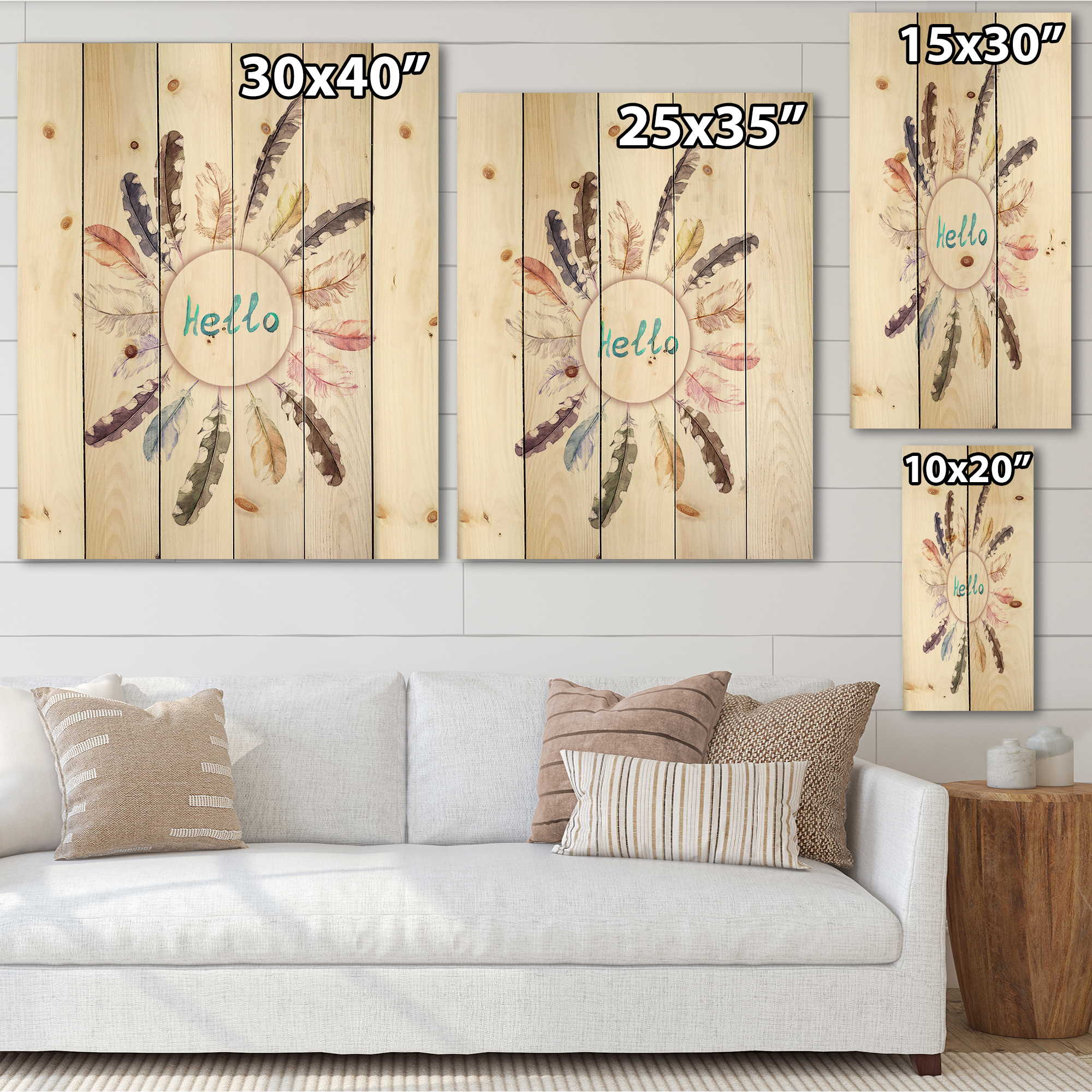 Designart 'Ancient Round Wreath With Birds Feathers' Bohemian & Eclectic Print on Natural Pine Wood