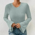 thumbnail image 5 of Lenpel Women's T-Shirts Bell Long Sleeve Crew Neck Ruffle Trim Slim Ribbed Knit Tops Brushed Fleece Tee Blouses(Mint Green,Small), 5 of 7