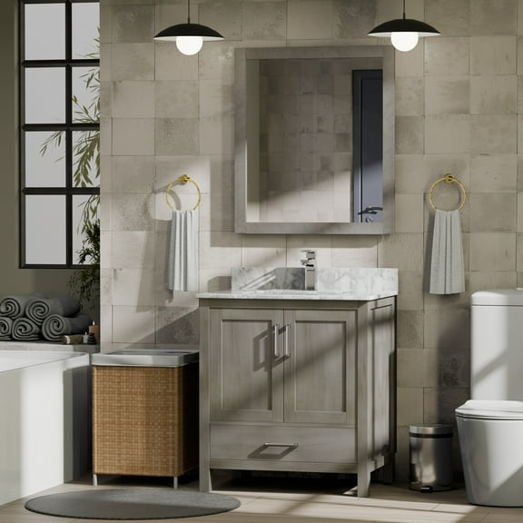 Lexora Home Jacques 30" Carrara Marble Top Single Vanity in Distressed Gray