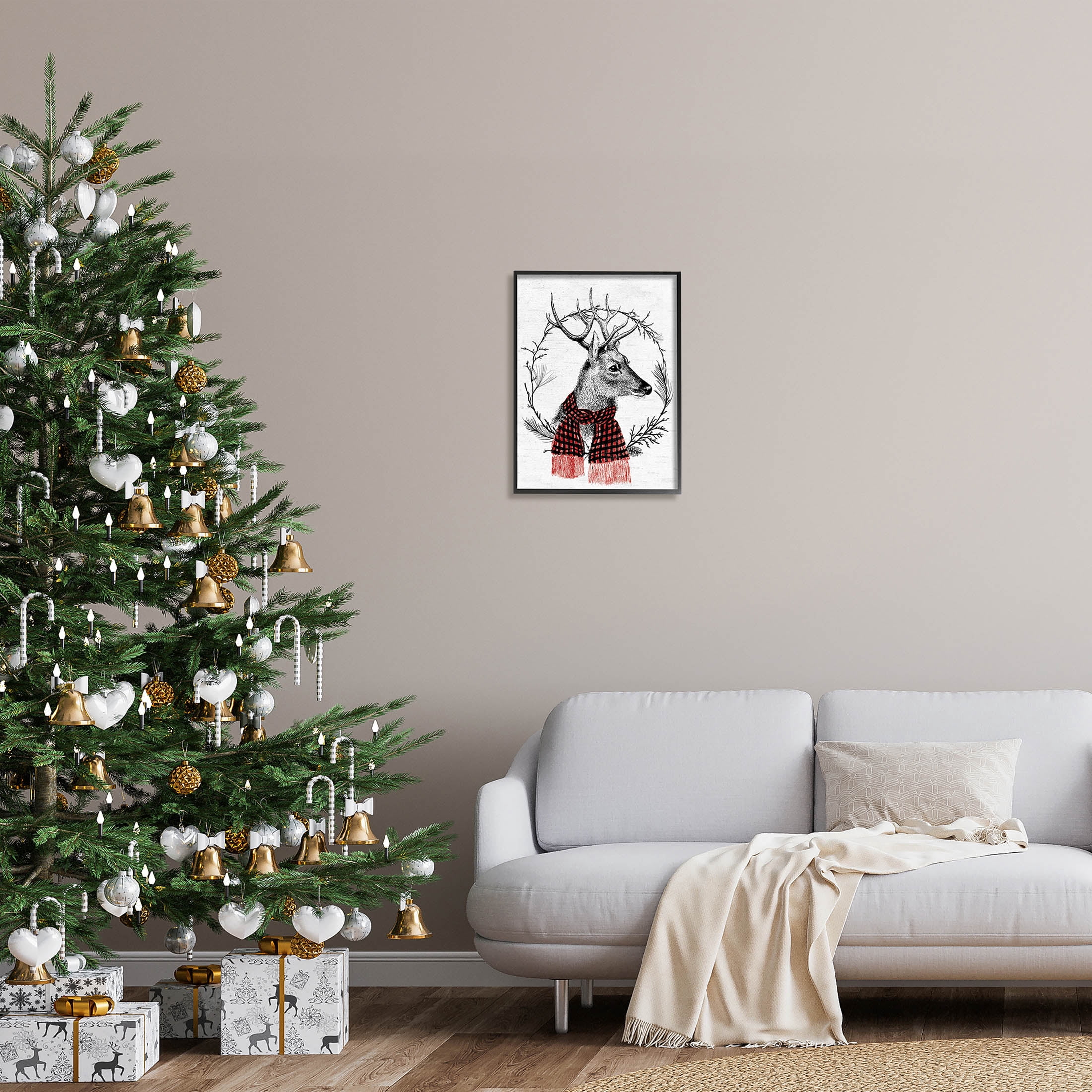 Stupell Industries Deer Winter Botanical Wreath Graphic Art Black Framed Art Print Wall Art, Design by Lettered and Lined
