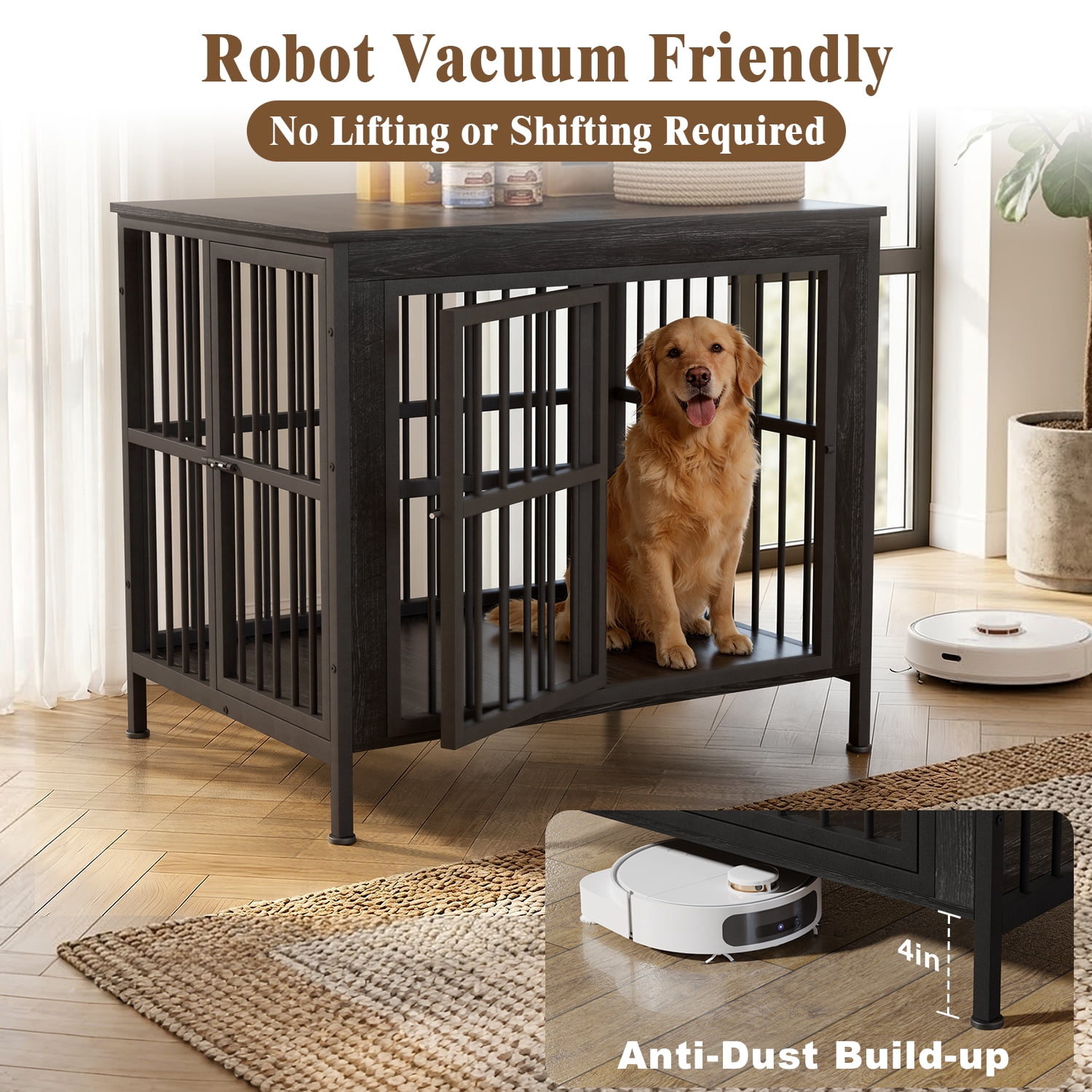 Ironovahome 40" Dog Crate Furniture for Medium/Large Dogs, Heavy Duty Wooden Dog Crate with Double Doors & Safe Locks, XL Large Indoor Dog Kennel Pet House, Black