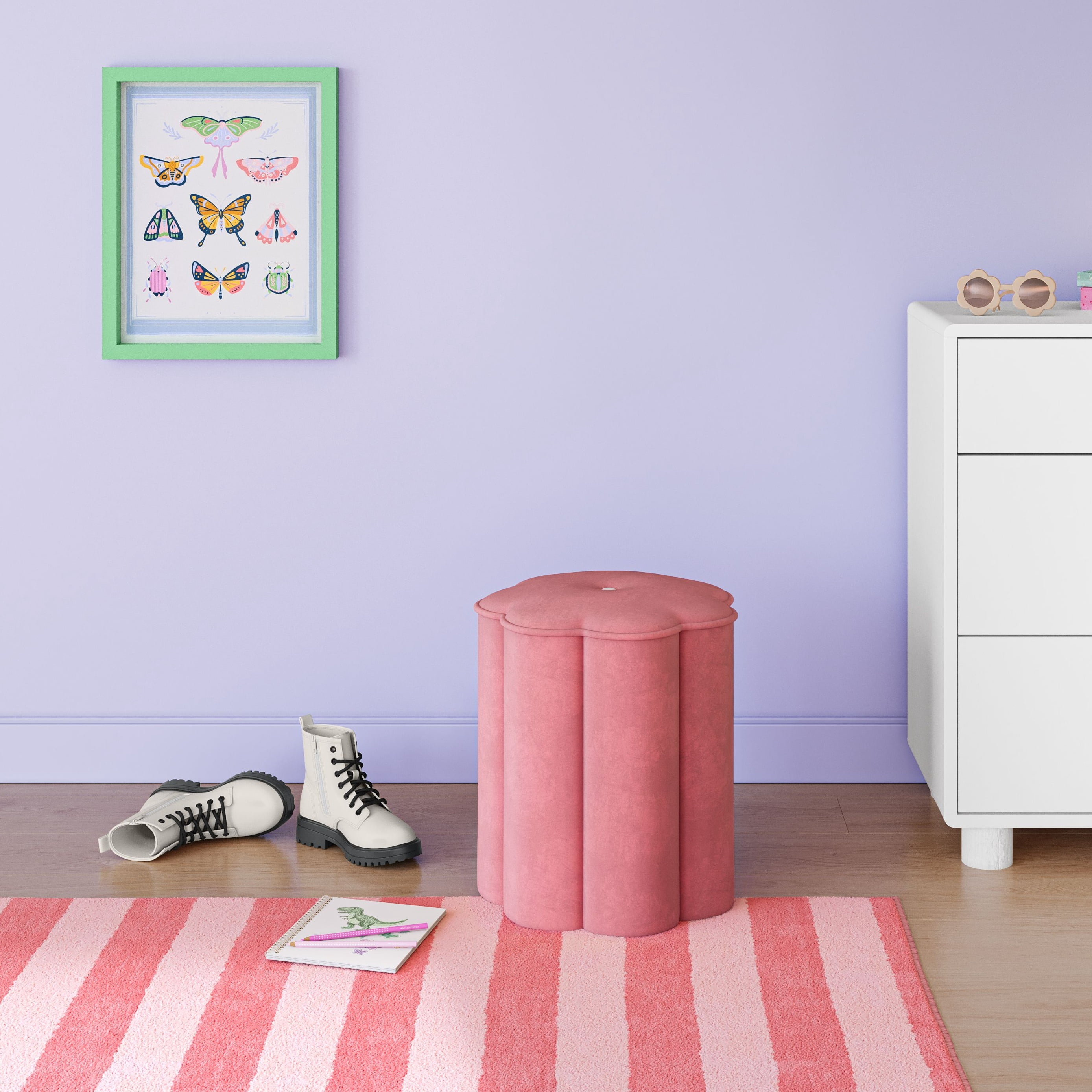 Mainstays Kids Flower Petal Pink Ottoman with Cozy Sherpa Fabric