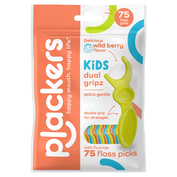 Plackers Kids Dual Gripz Floss Picks with Double Grip handle, Wild Berry Flavor, Colorful Floss Picks for Kids of All Ages, 75 Count