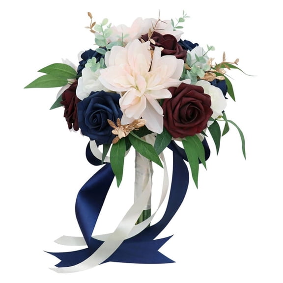 Wedding Bouquet Pink Burgundy & Blue Roses Bridal Wedding Hand Bouquet Bridesmaid Holding Artificial Fake Flowers
