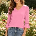 thumbnail image 4 of Bosfbaoi 3/4 Bell Sleeve Tops for Women Solid V Neck Hollow Trim Casual Blouses, 4 of 7