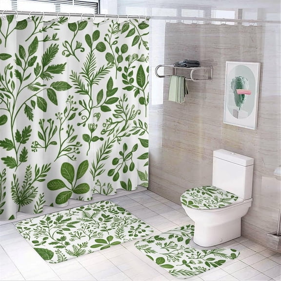 Bathroom Rugs and Shower Curtain Sets, Green Leaf Damask Pattern Printed on Shower Curtain and Liner Set, Suitable for Small Bathroom Gym Guest Bath, 72 x 72 inches