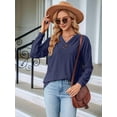 thumbnail image 3 of Women V Neck Long Sleeve Blouses Casual Pullover Tops Dressy Loose Fit Tunic Blouses Fall Shirt Top Navy Blue XL, 3 of 8
