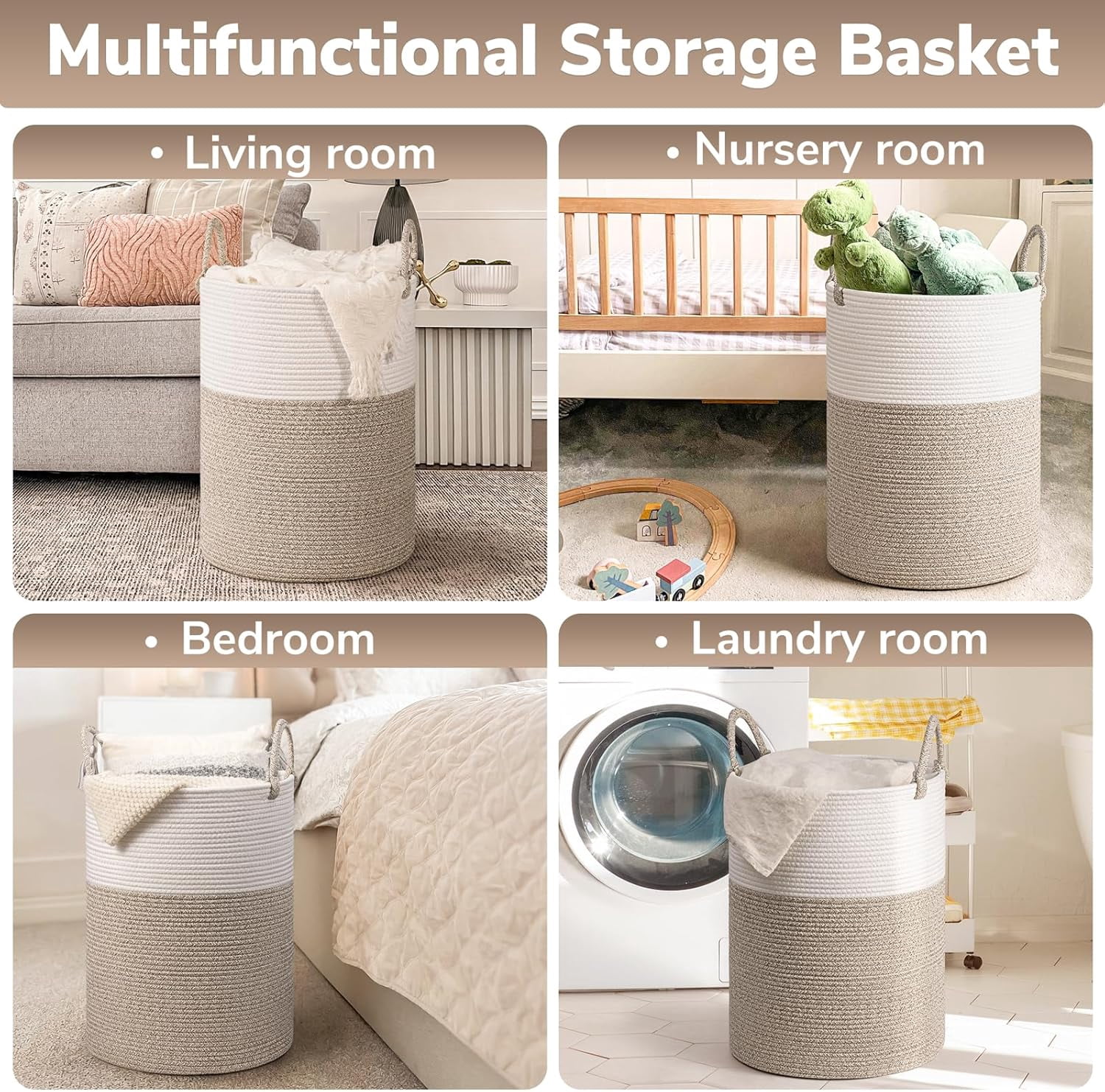 Large Laundry Hamper, 58L Tall Laundry Basket, Baby Nursery Hamper for Blanket Storage, Clothes Hamper for Laundry in Bedroom,15 x 20 inches, Light & Brown
